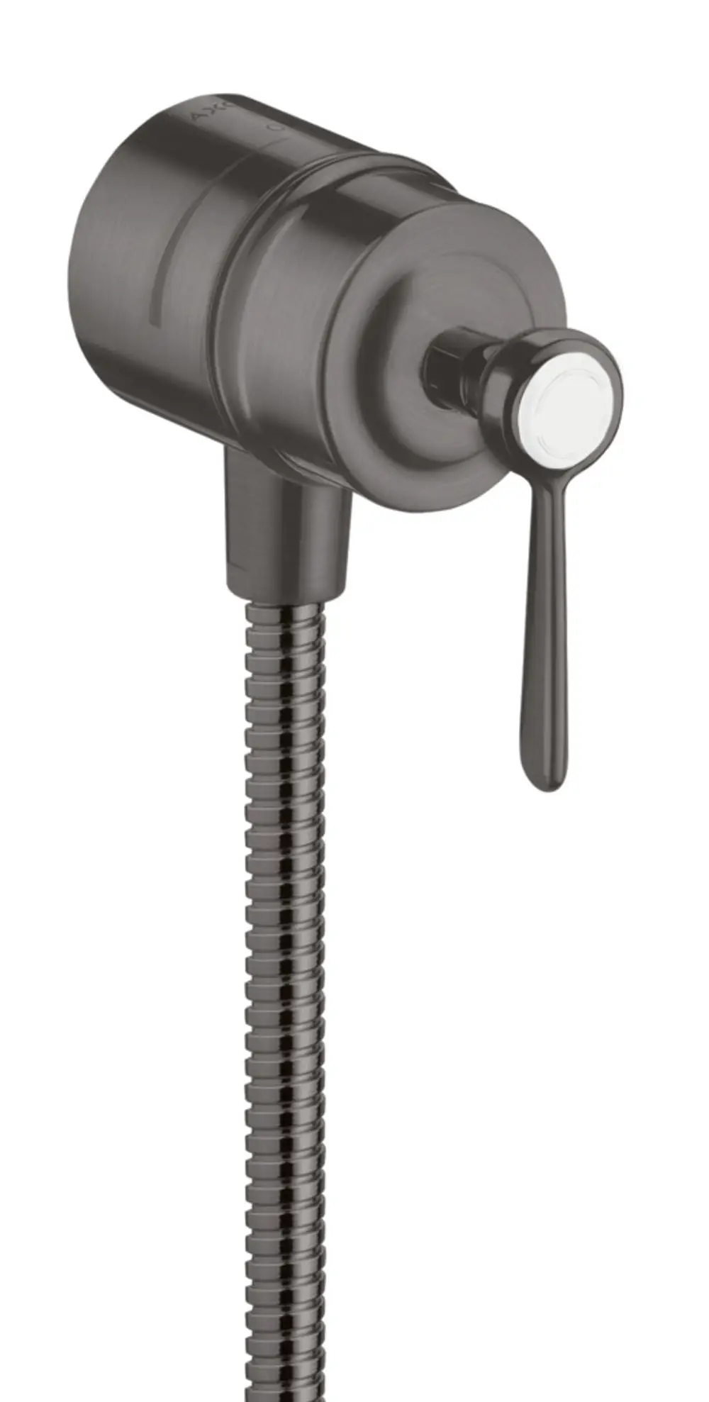 Wandanschluss mit Rückflussverhinderer, Absperrventil und Hebelgriff in gebürstetem Schwarzchrom von AXOR, geeignet für die Verbindung von Wasserleitungen.